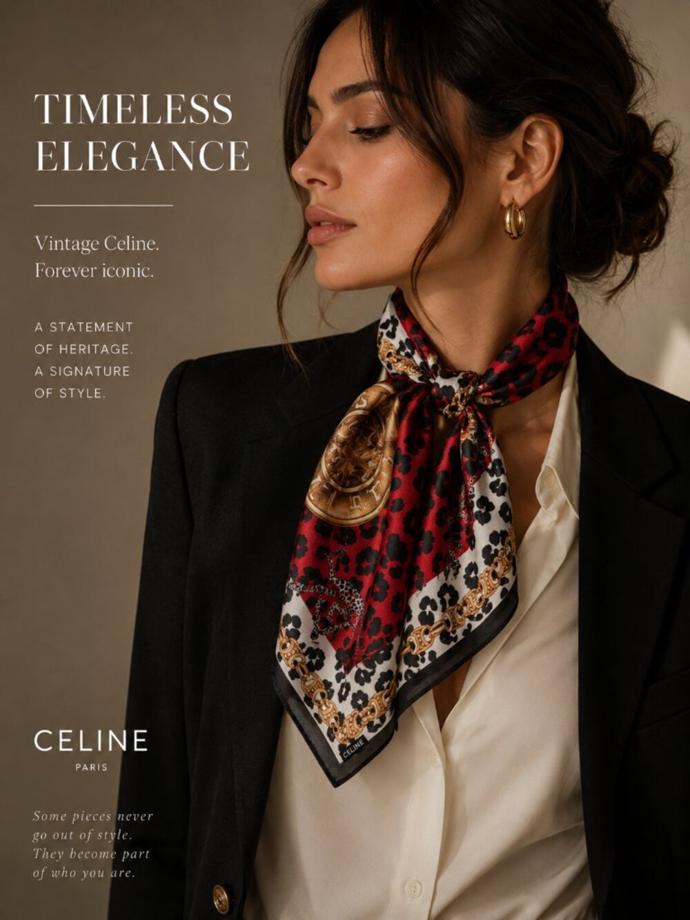 NWT Vintage CELINE Paris Leopard Chain Print Cotton Scarf Bandana Pocket Square - Picture 2 of 5